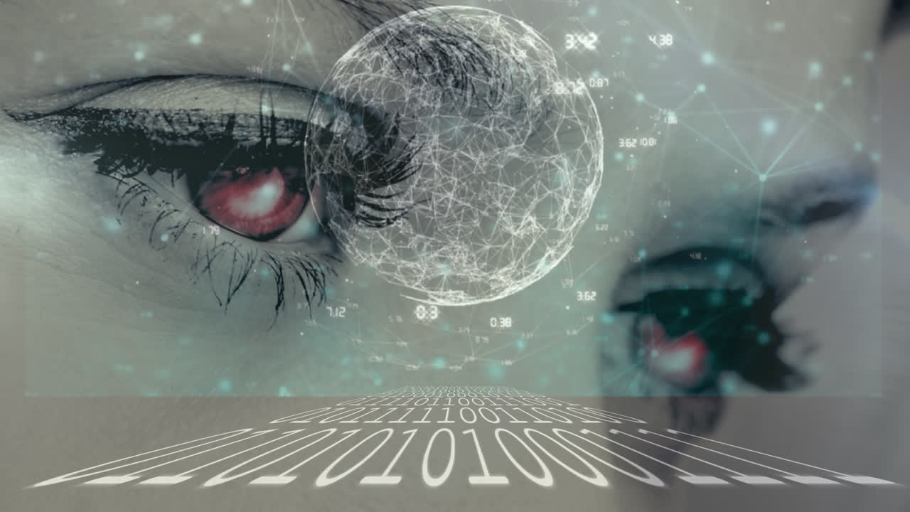 animación de procesamiento de datos y datos en pantallas sobre ojos de mujeres en fondo beige