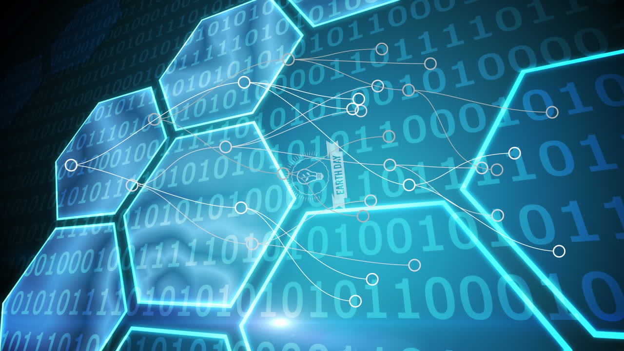 animación del texto del día de la tierra sobre formas y procesamiento de datos