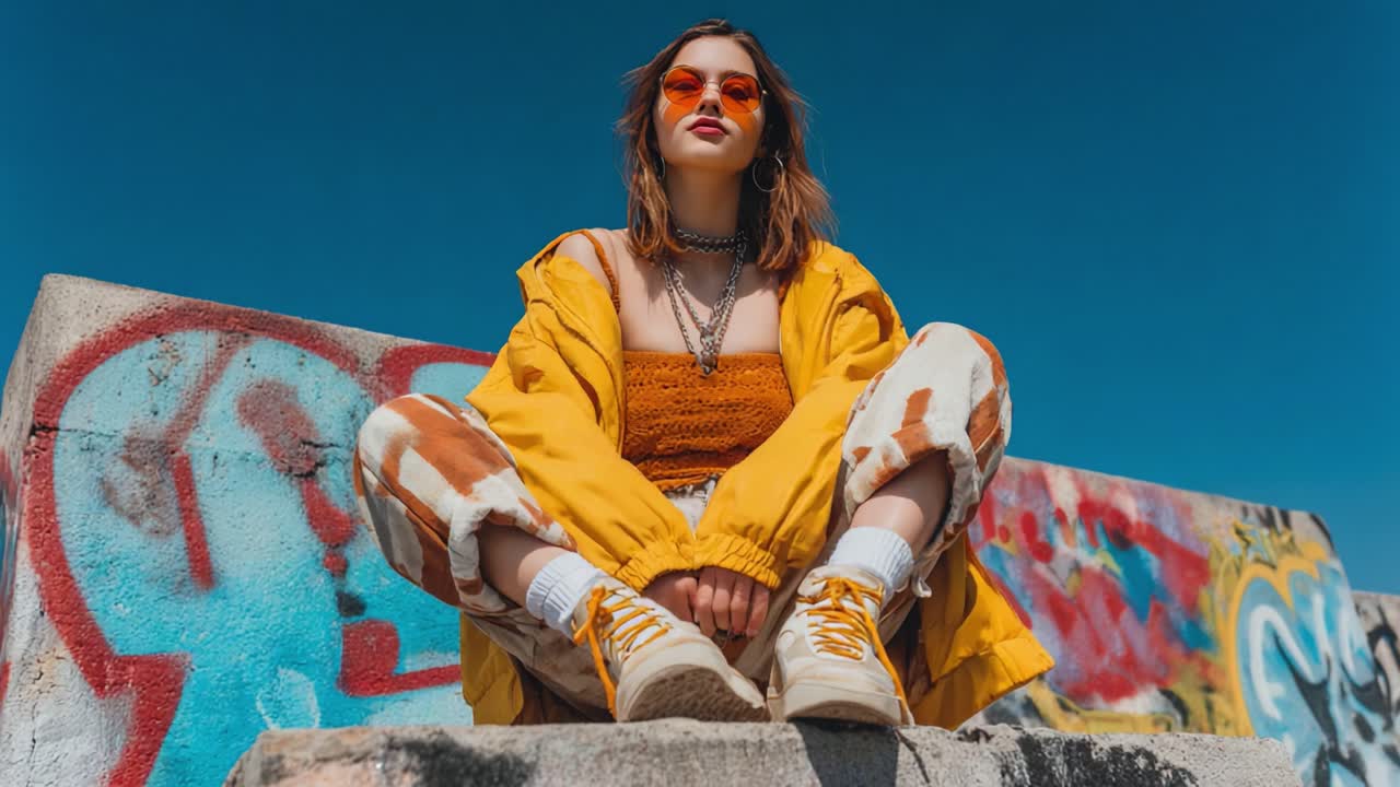 A Stylish Individual Dressed in Bright Yellow Outerwear and Trendy Footwear Sits Confidently Against a Colorful Graffiti Background Beneath a Clear Blue Sky, Exuding Urban Chic Vibes and Fun Personality