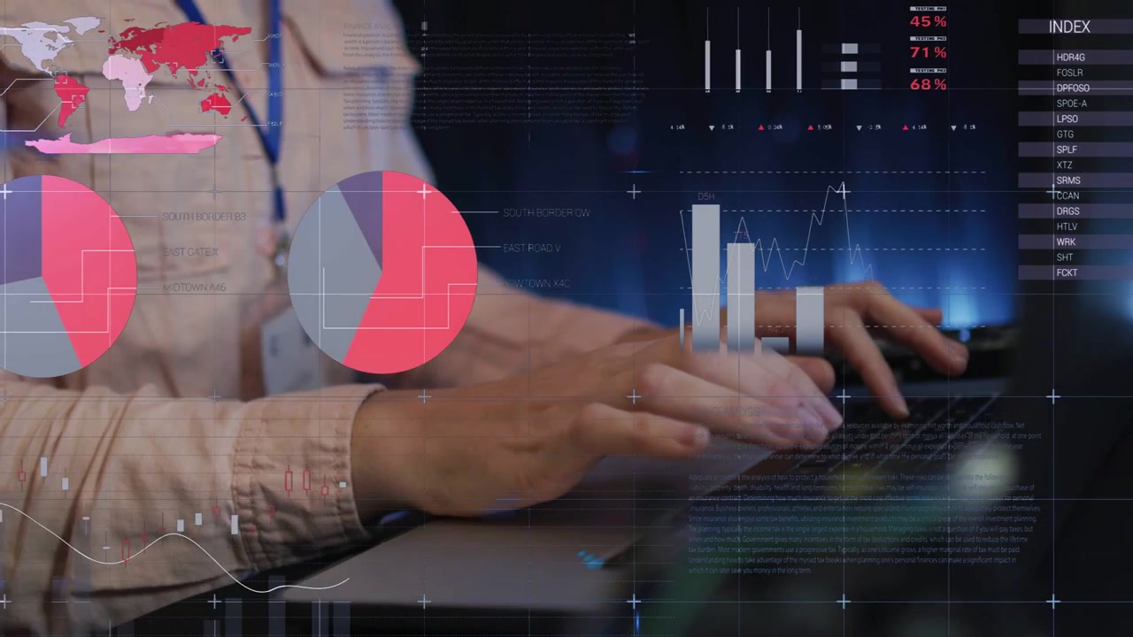 Data analyst typing on laptop, causing pie charts and bars animating over data dashboard monitoring