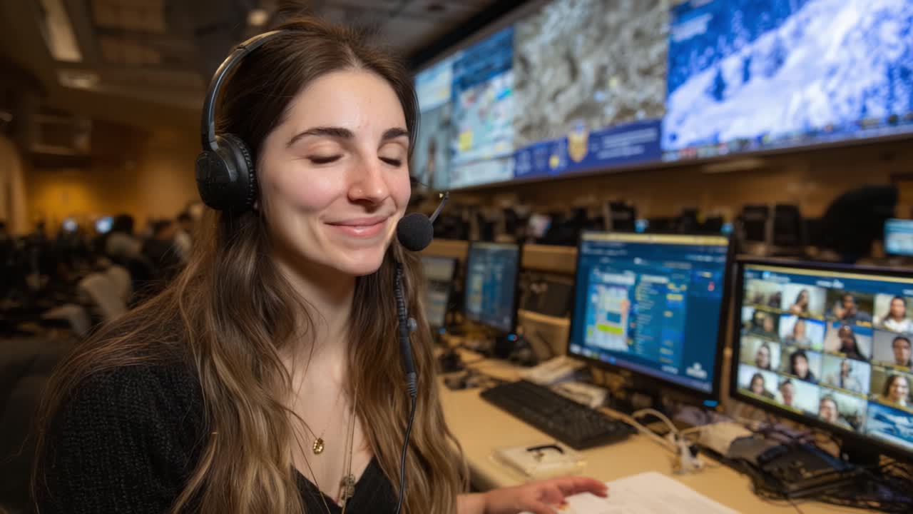 Engaged Professional in Control Room Communicating Effectively Through Headset While Managing Operations and Maintaining Focus on Monitors Displaying Data and Collaborations