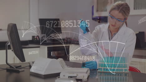 animación de la estructura del adn, cambiando los números sobre la científica caucásica que trabaja en el laboratorio