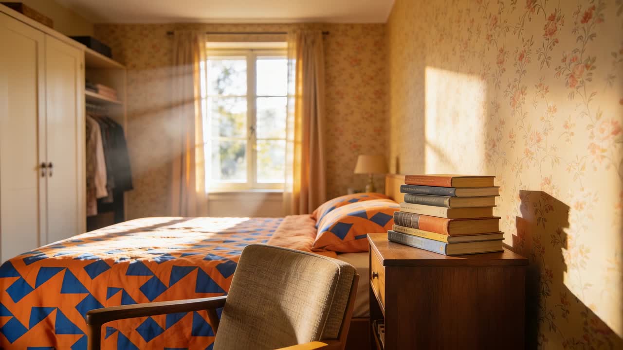 Panoramica della telecamera che rivela un letto con trapunta arancione e blu in una camera da letto accogliente, mostrando la calda luce del mattino