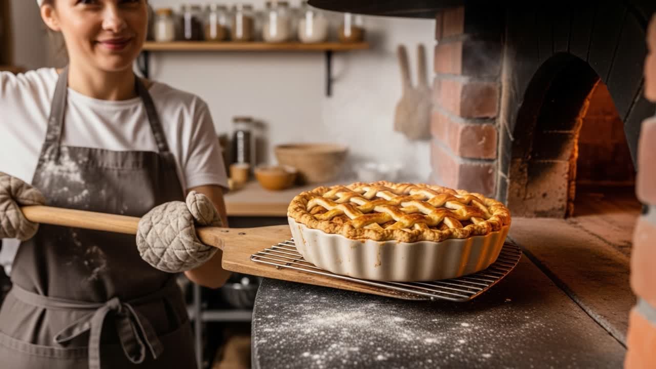 Baking Delight: A Cheerful Baker Pulls a Freshly Baked Pie from the Oven, Showcasing Perfectly Golden Crust and Delicious Aroma in a Cozy Kitchen Setting