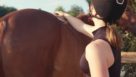 young woman and her horse during a grooming and cleaning routine, side view