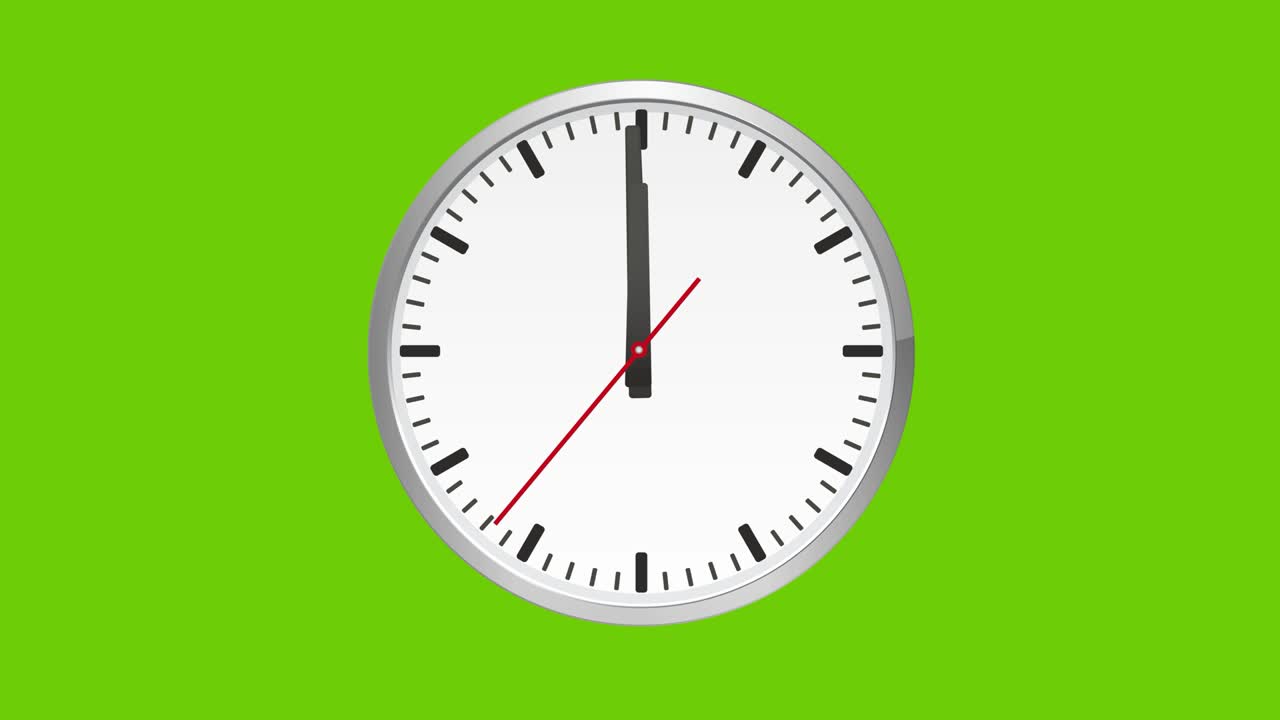 Animated analog clock, one minute to twelve hours, on green screen