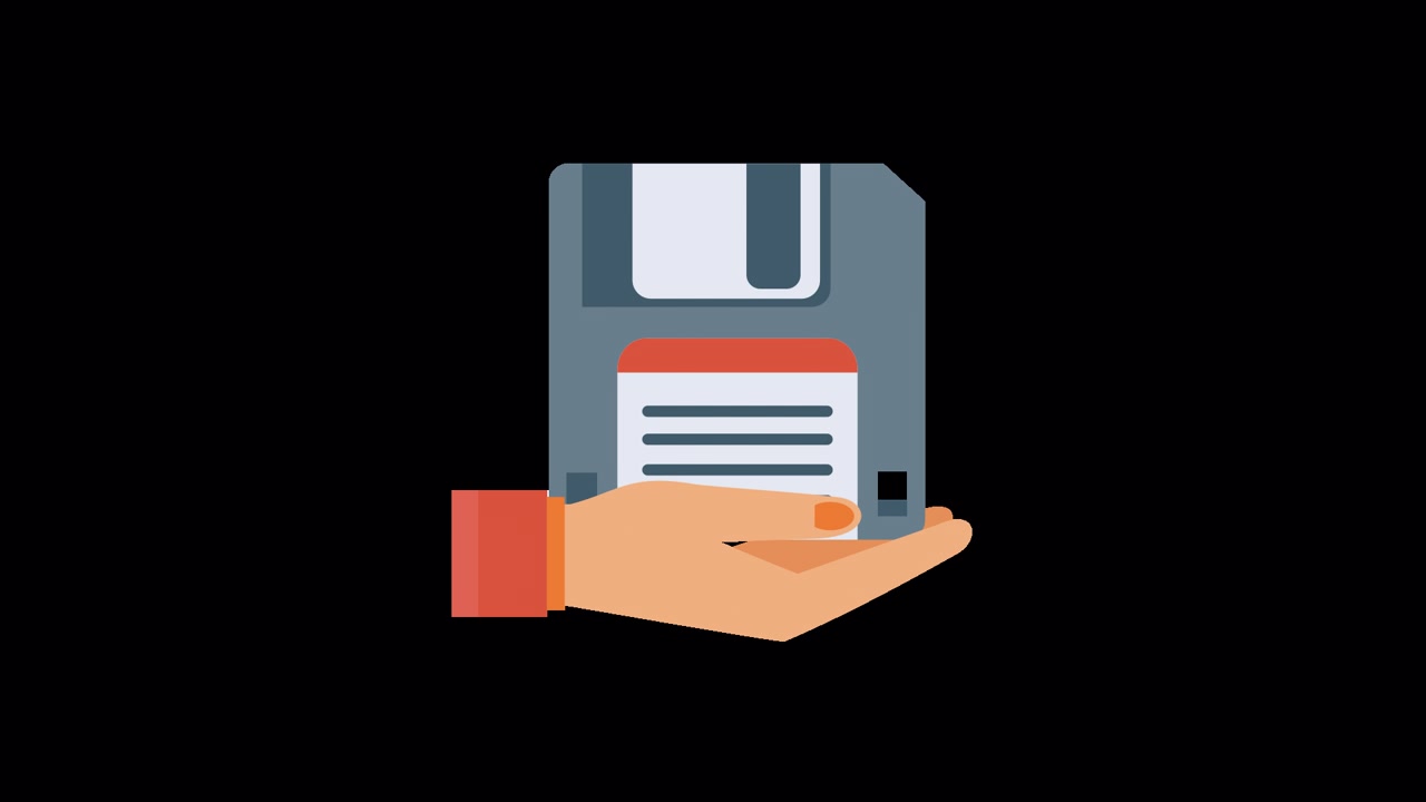 Mano animata che tiene un floppy disk con salvataggio dati