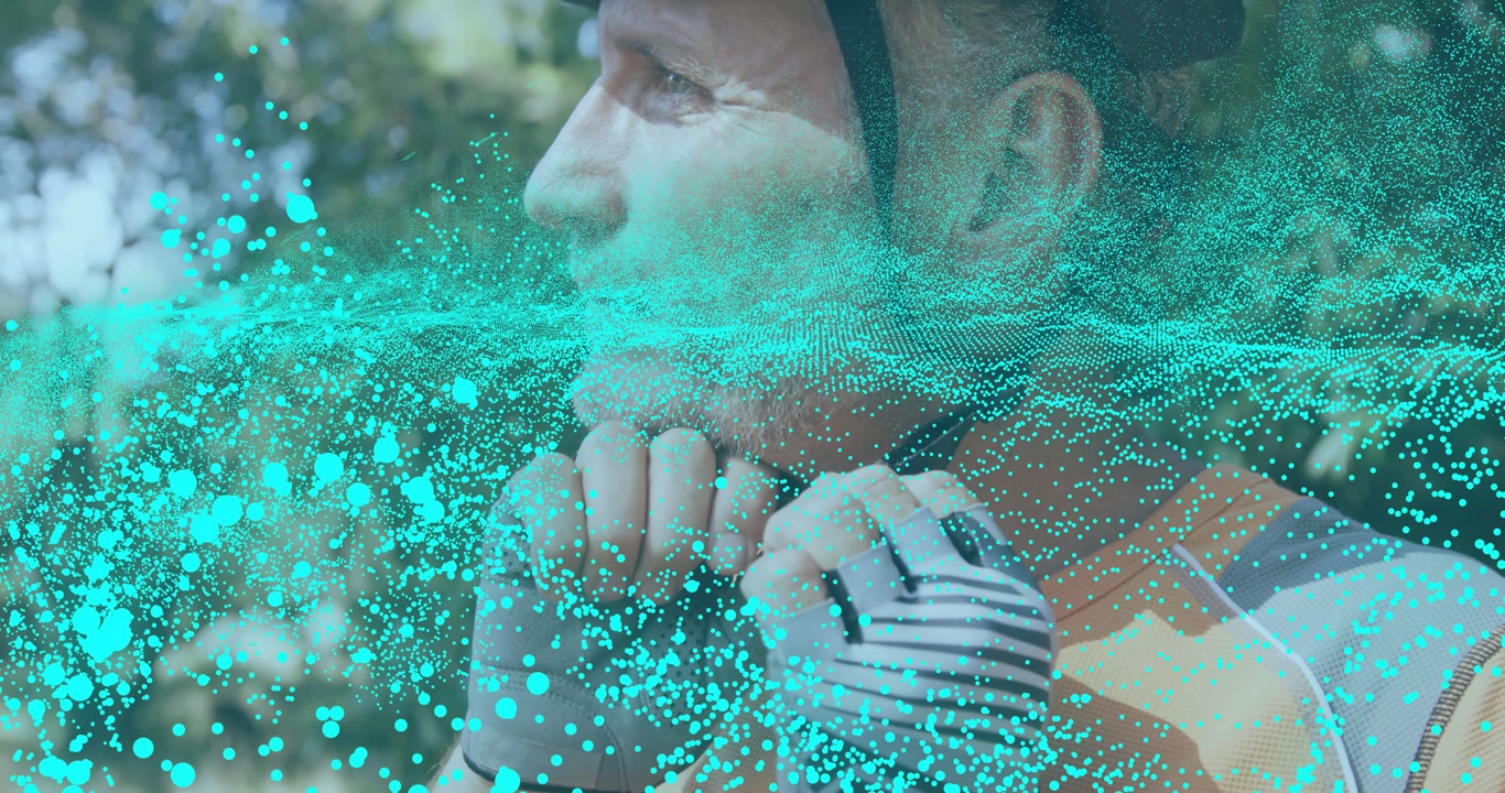 cyclist clicking helmet strap in leafy park while turquoise flow showing airflow preparing for ride