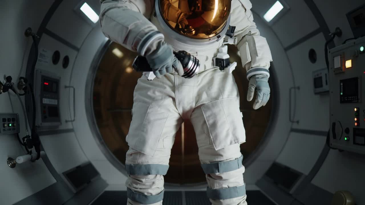 Activating handheld device, astronaut in white spacesuit directing vapor inside module near hatch