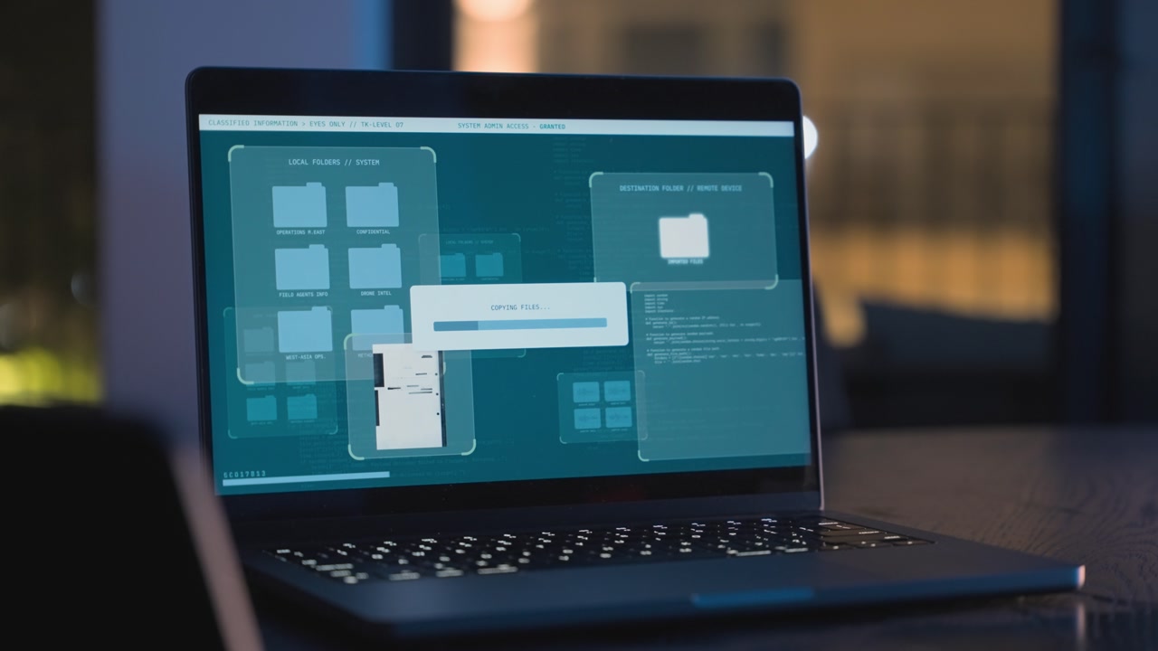 Laptop computer in office or house copying uploading data and classified documents. Government server accessed remotely by hacker or spy. Stealing sensitive data from archive. Exposing agency secrets