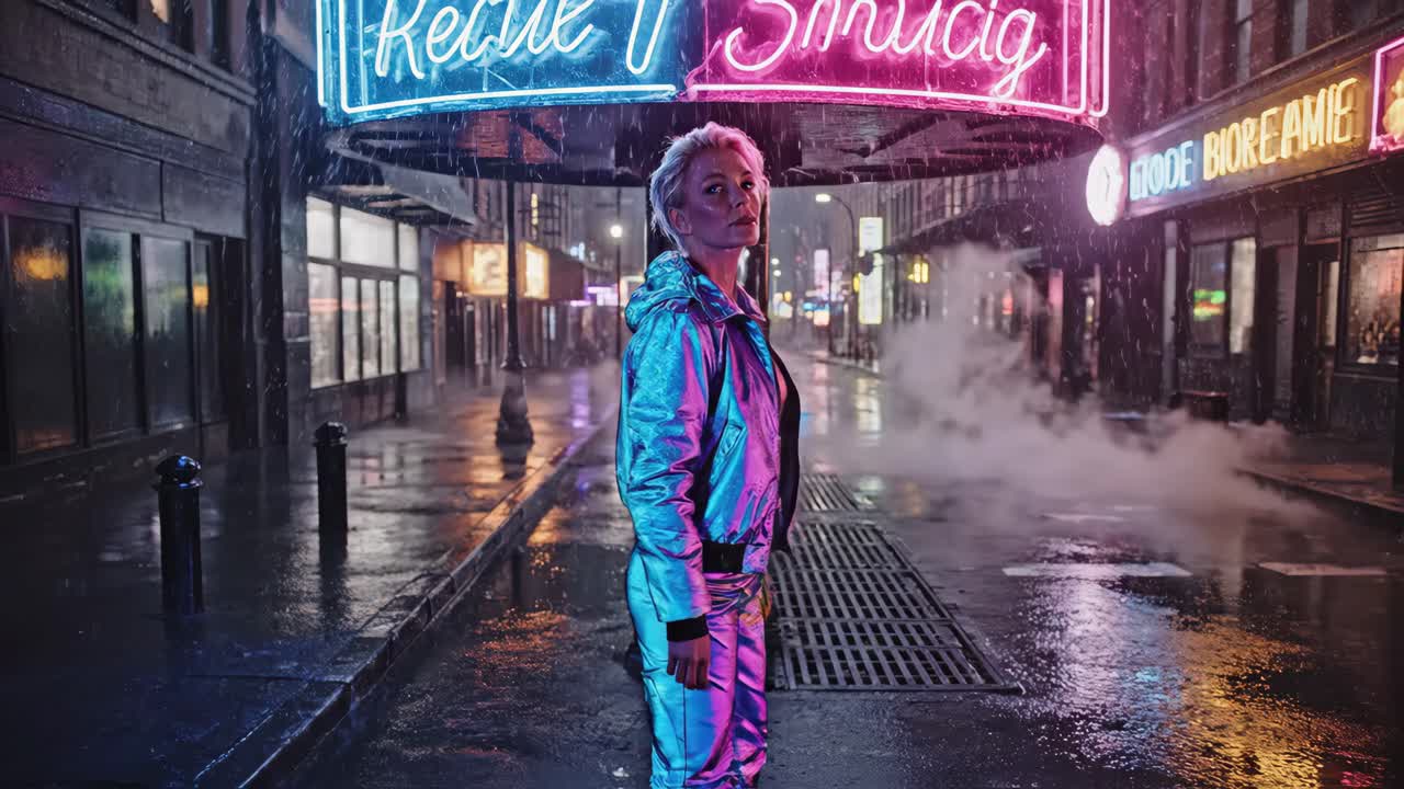 Woman in Neon City at Night