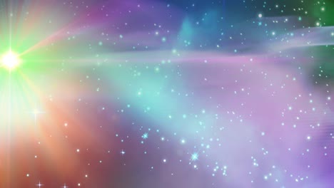 animación de manchas verdes brillantes y estrellas en pruebas de luz azul y púrpura en el universo