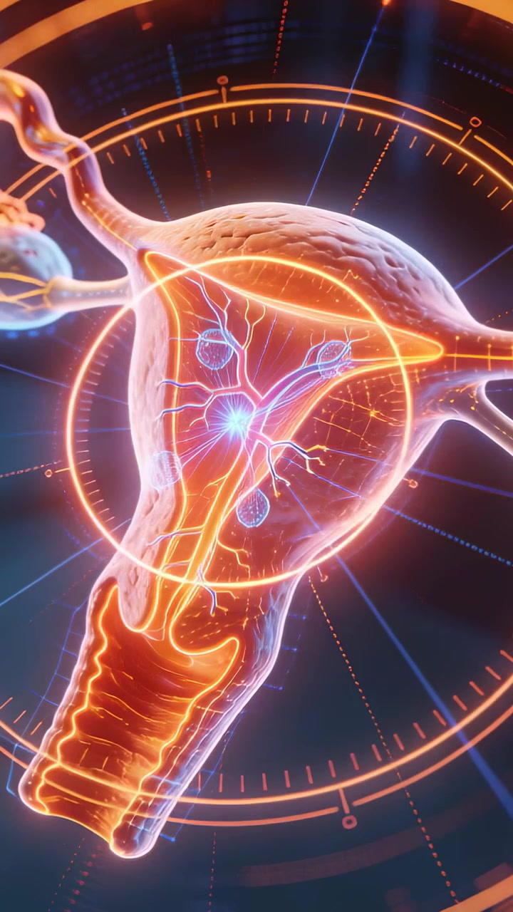 Video verticale: Nodo pulsante che fa sì che un modello di utero emetta luce lungo una rete in laboratorio, mostrando un HUD.