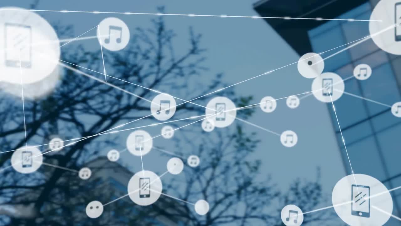 현대적인 건물 위의 아이콘과 연결 네트워크의 애니메이션