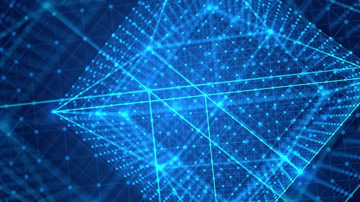 Cubo astratto a wireframe con punti e linee connessi. Concetto di blockchain digitale e sistema di trasferimento dati