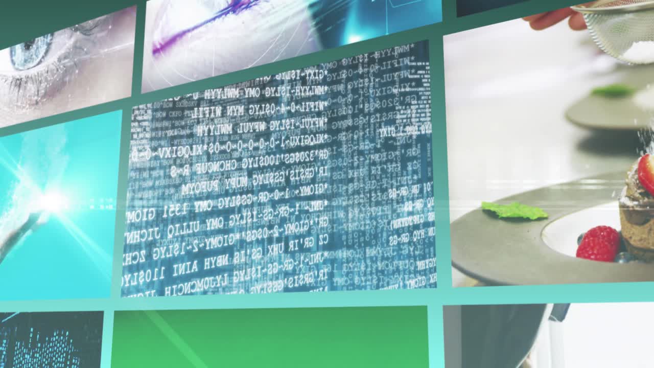 Animation of screens with data processing, woman's face and breakfast