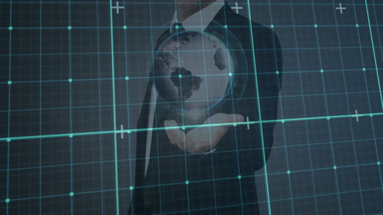 Business man projecting holographic Earth globe with data-ring overlays on cyan technology grid