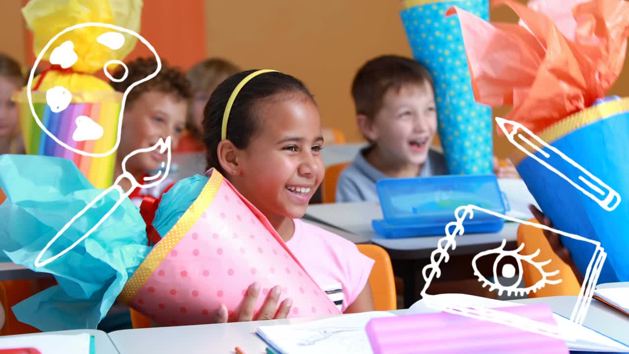 Animation of school icons over school children at school