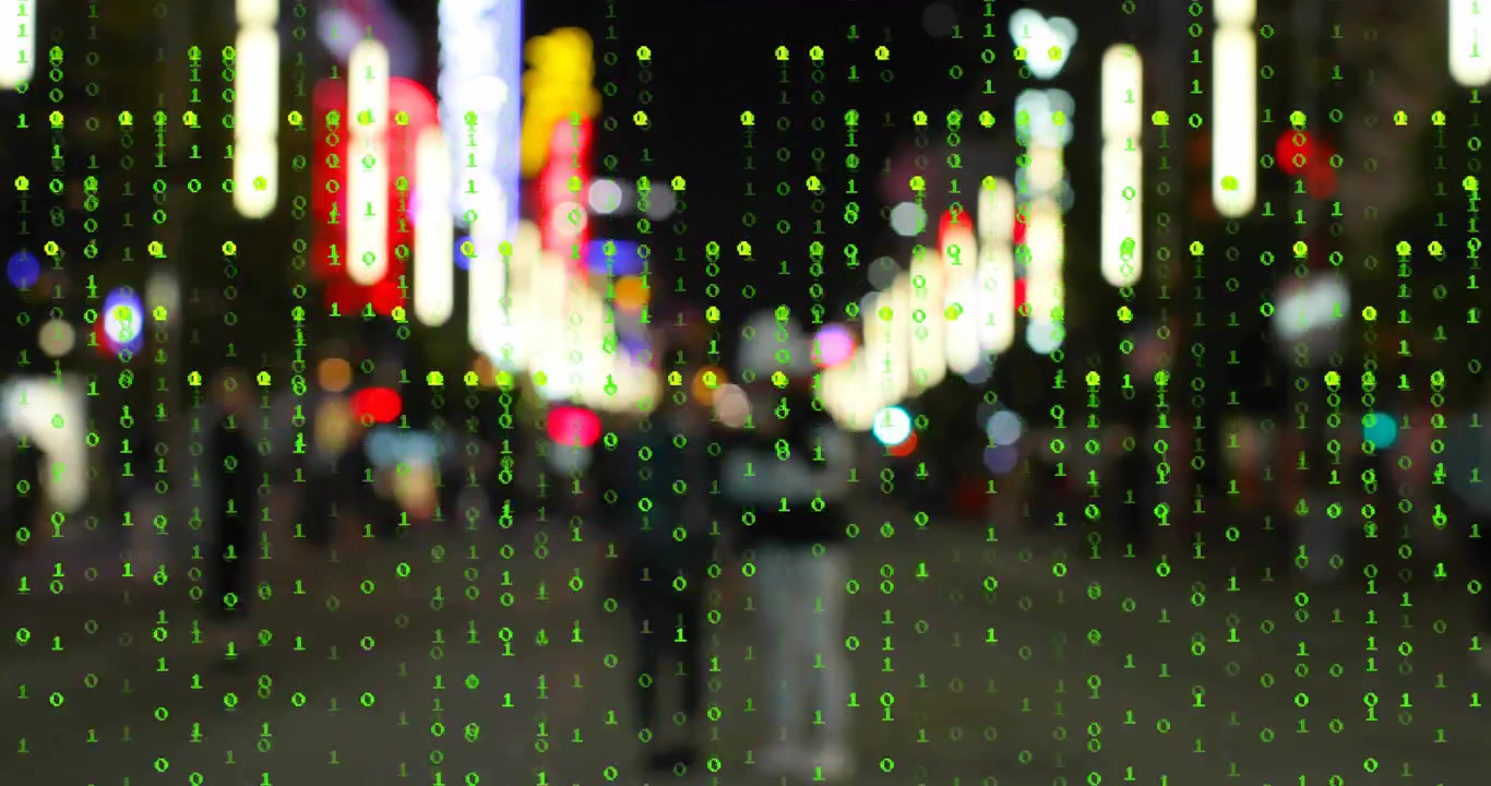Binary digits cascading over blurred couple walking neon-lit street representing digital immersion