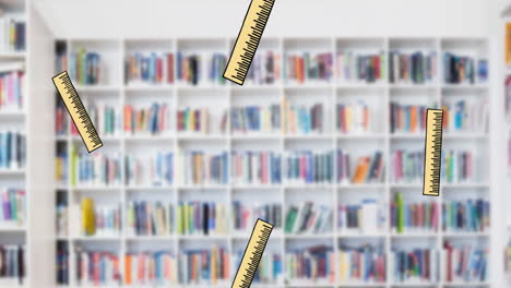 animación de los iconos de la regla que caen sobre el fondo de la biblioteca.