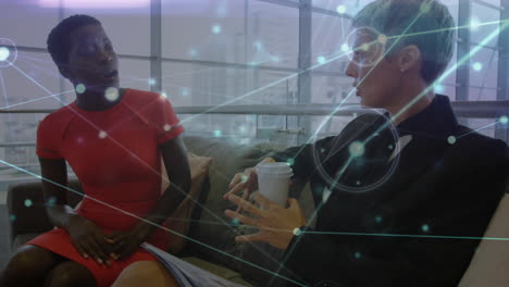 animation of networks of connections over diverse business people talking in office