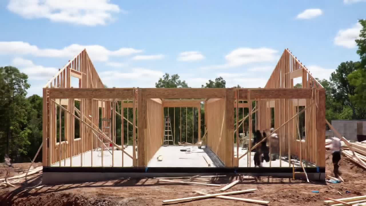 Workers are constructing the framework of a house in a quiet, wooded setting. The clear blue sky complements the organized rows of wooden beams and panels.