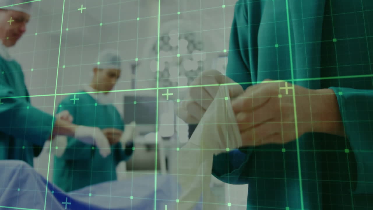 Medical professionals preparing for surgery over grid and data points animation