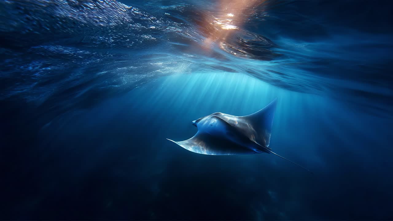 A mesmerizing manta ray gliding gracefully through the serene underwater world, illuminated by shimmering beams of sunlight piercing the tranquil ocean surface, showcasing nature's beauty