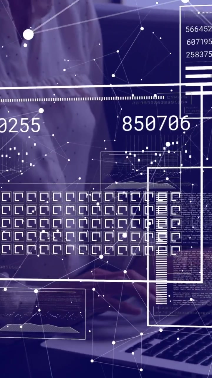 Animation of interface with data processing against mid section of woman using laptop at office