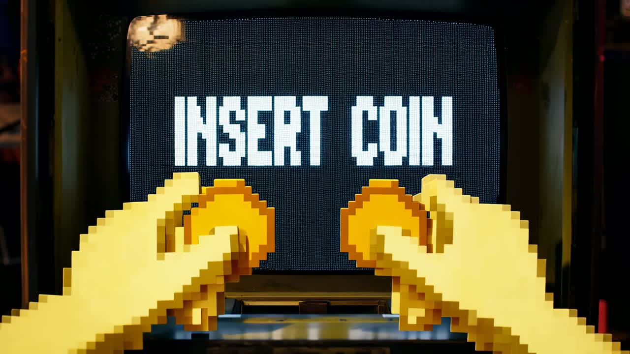 Mensagem de INSERIR MOEDA aparecendo, mãos pixeladas amarelas movendo moedas de ouro para a entrada de moedas do monitor CRT