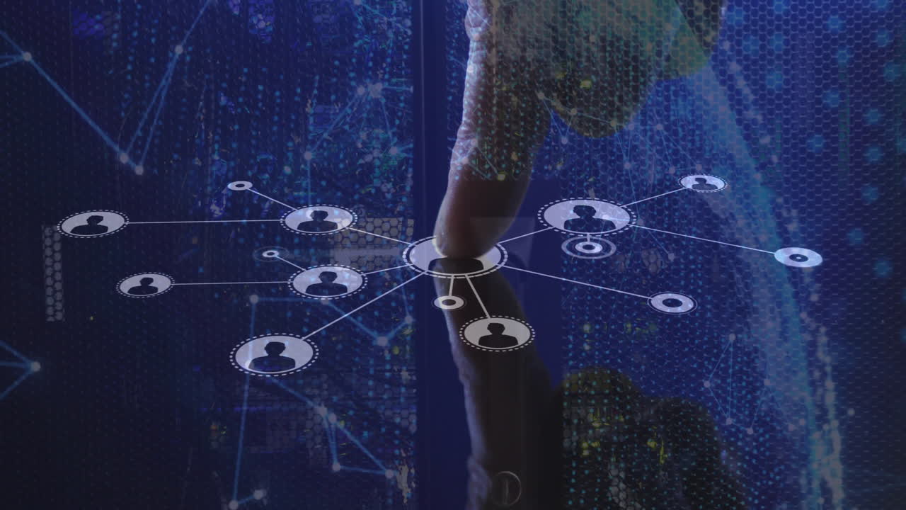 Index finger pressing holographic network node in virtual tech interface showing avatar links