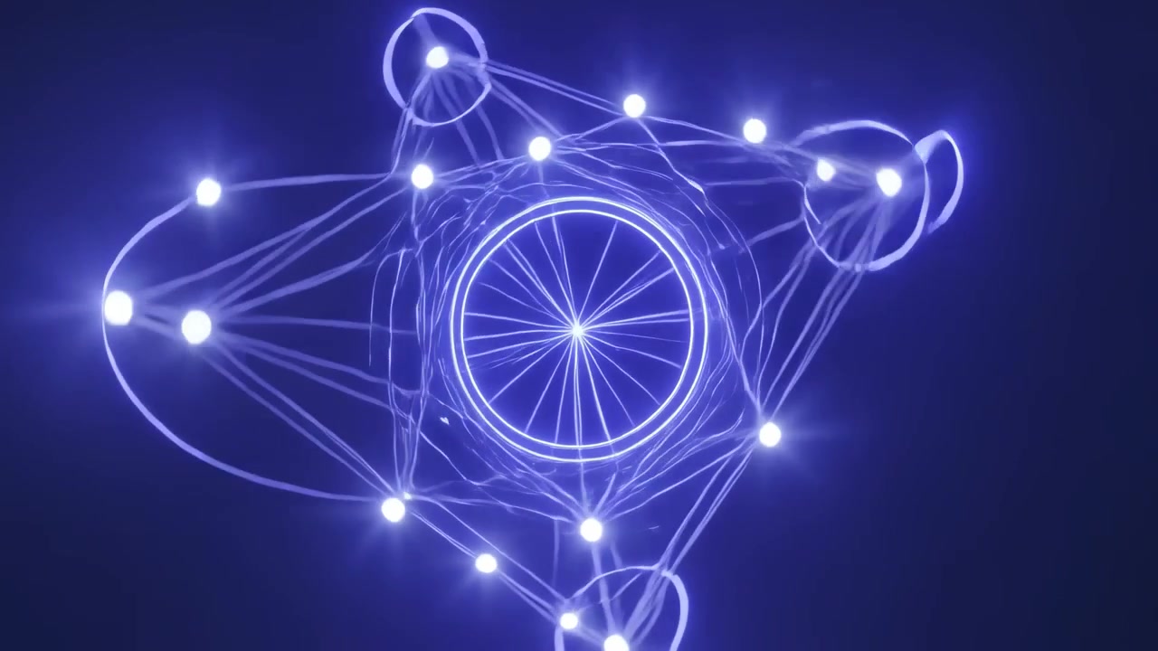 Frame opening, construct rotating and pulsing strands in navy, showing energy flow core to nodes