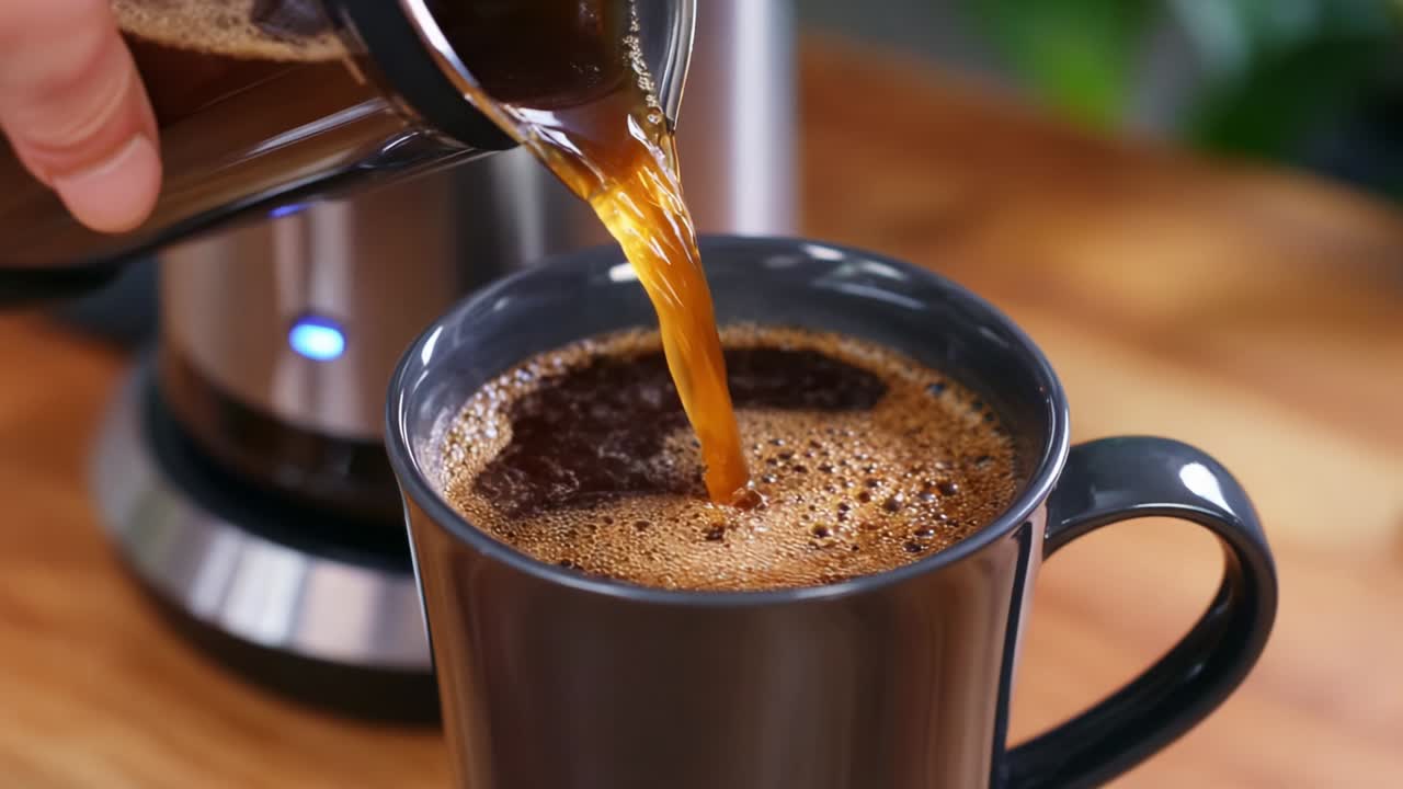 Hælder kaffe i et krus