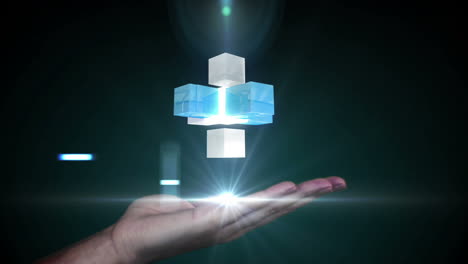 mujer de negocios usando tableta con cubos holográficos