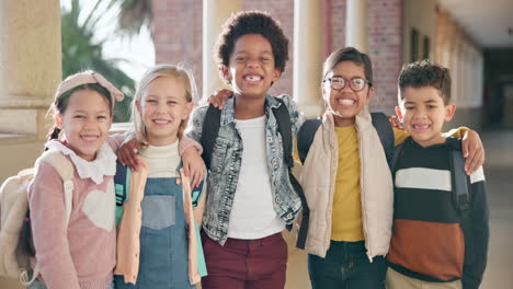 school, portrait and group of children in hallway