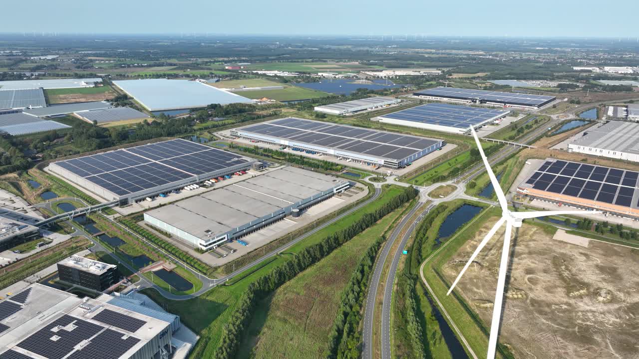 Business park in Venlo, modern distribution centers solars panels on the roof