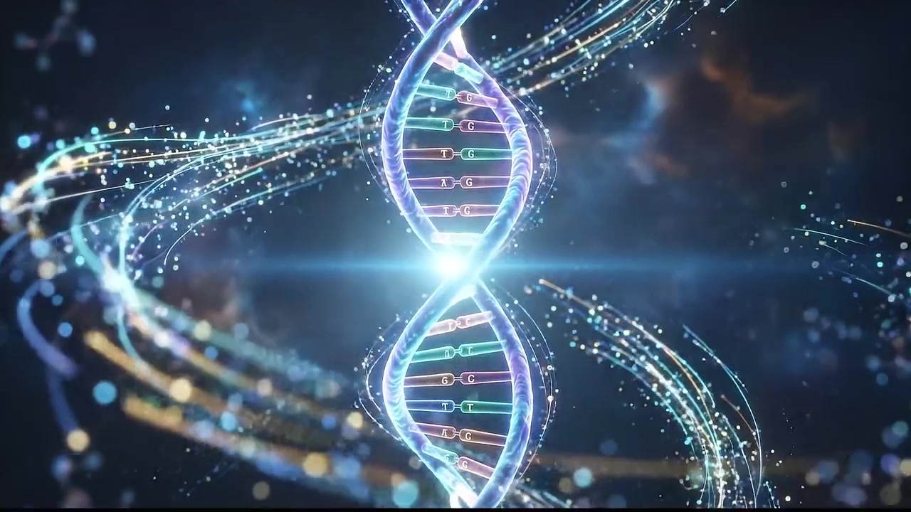Animazione di scie luminose astratte e vorticose intorno a un filamento di DNA genetico luminoso