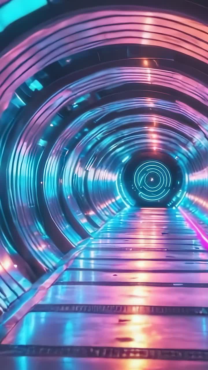 Vertical video: Sequence starting camera gliding through tunnel, toward glowing circular LED array
