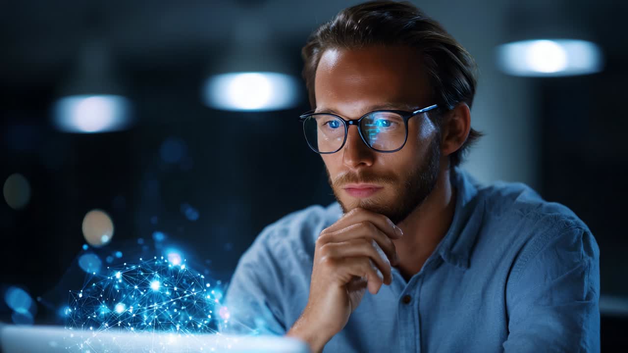 A focused individual engaged in deep contemplation while working on a laptop, illuminated by soft ambient lighting; futuristic digital graphics symbolizing innovation and technology enhance the atmosphere