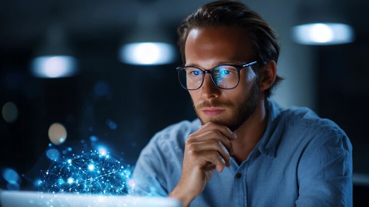 En fokuseret person fordybet i dybe tanker, mens vedkommende arbejder på en bærbar computer, belyst af blød, dæmpet belysning; futuristisk digital grafik, der symboliserer innovation og teknologi, forstærker atmosfæren