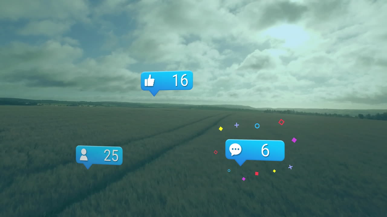 3D render showing social media notification bubbles floating above farmland under cloudy sky