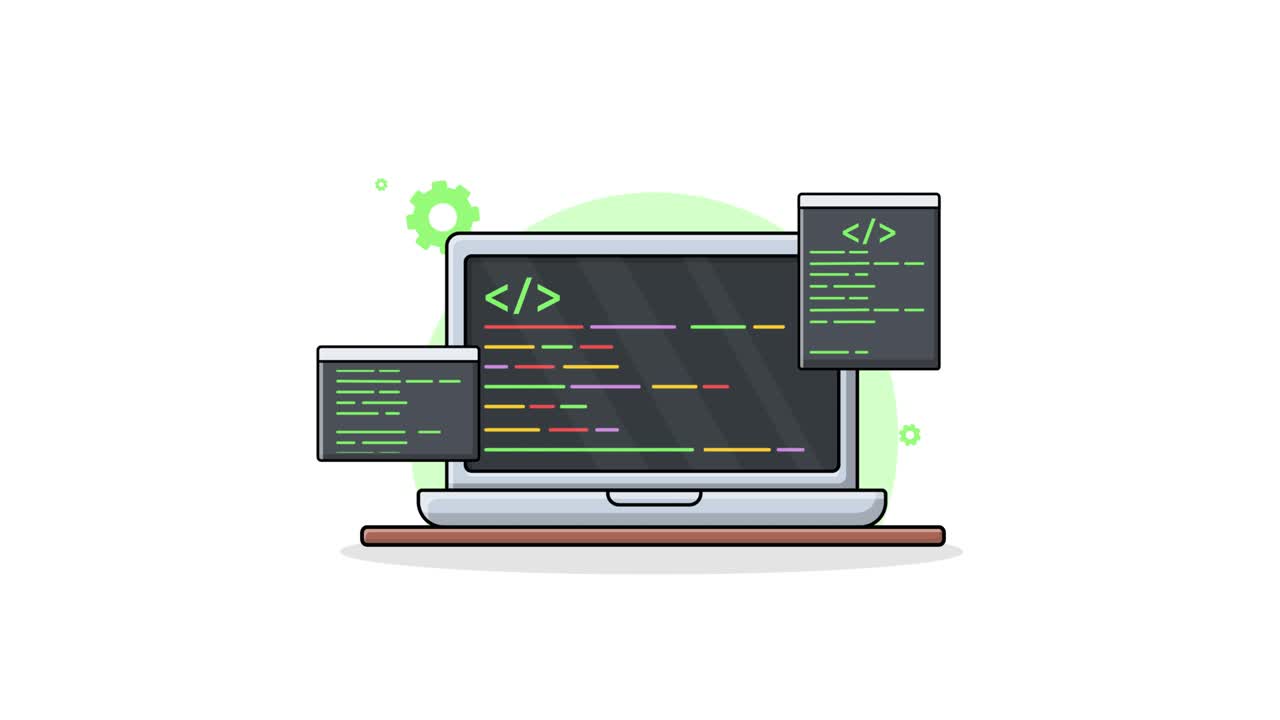 Animated Laptop Displaying Programming Code and Development