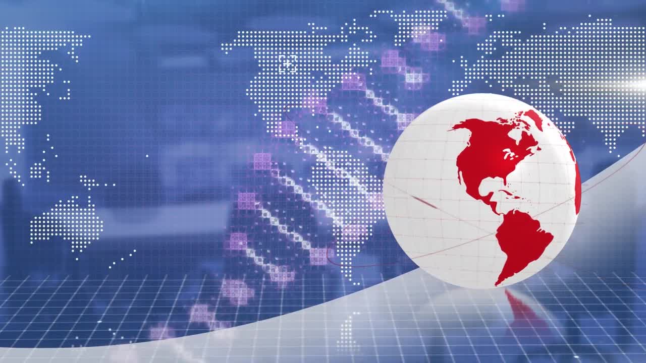 세계 지도와 dna 스트랜드가 있는 지구상의 애니메이션이 빈 사무실 위에 있습니다.