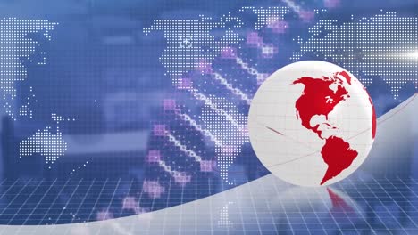 Animación-De-Globo-Con-Mapa-Mundial-Y-Cadena-De-ADN-Sobre-Una-Oficina-Vacía.