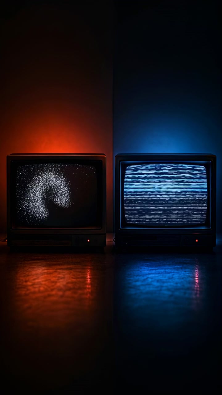 Pair of vintage CRT televisions positioned side by side on low surface with vertically split background: warm red-orange wash behind left unit and cool deep blue wash behind right unit