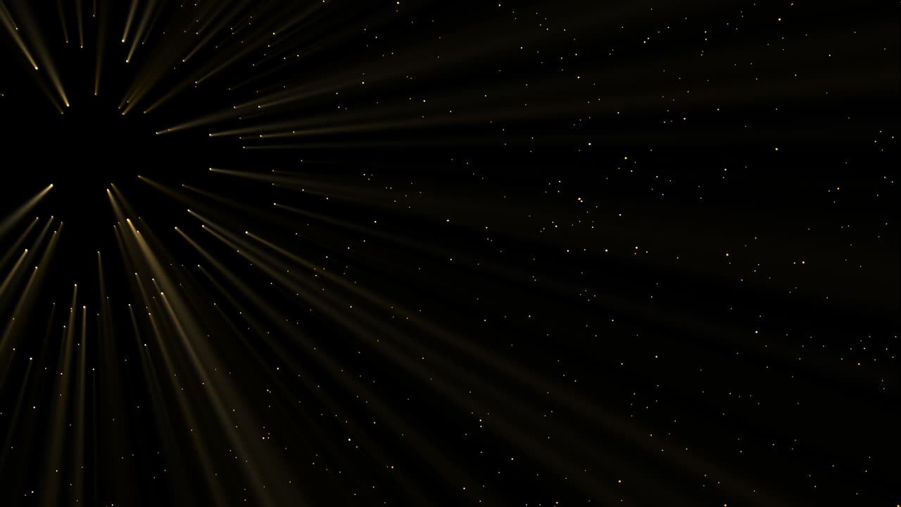 금색 입자의 추상적인 움직임은 광선에 의해 방출되고 반인다.