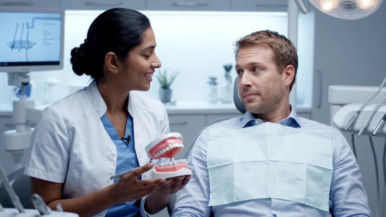 Patient Receives Dental Education from Hygienist: Engaging Interaction Around Oral Health Using a Model During a Dental Appointment