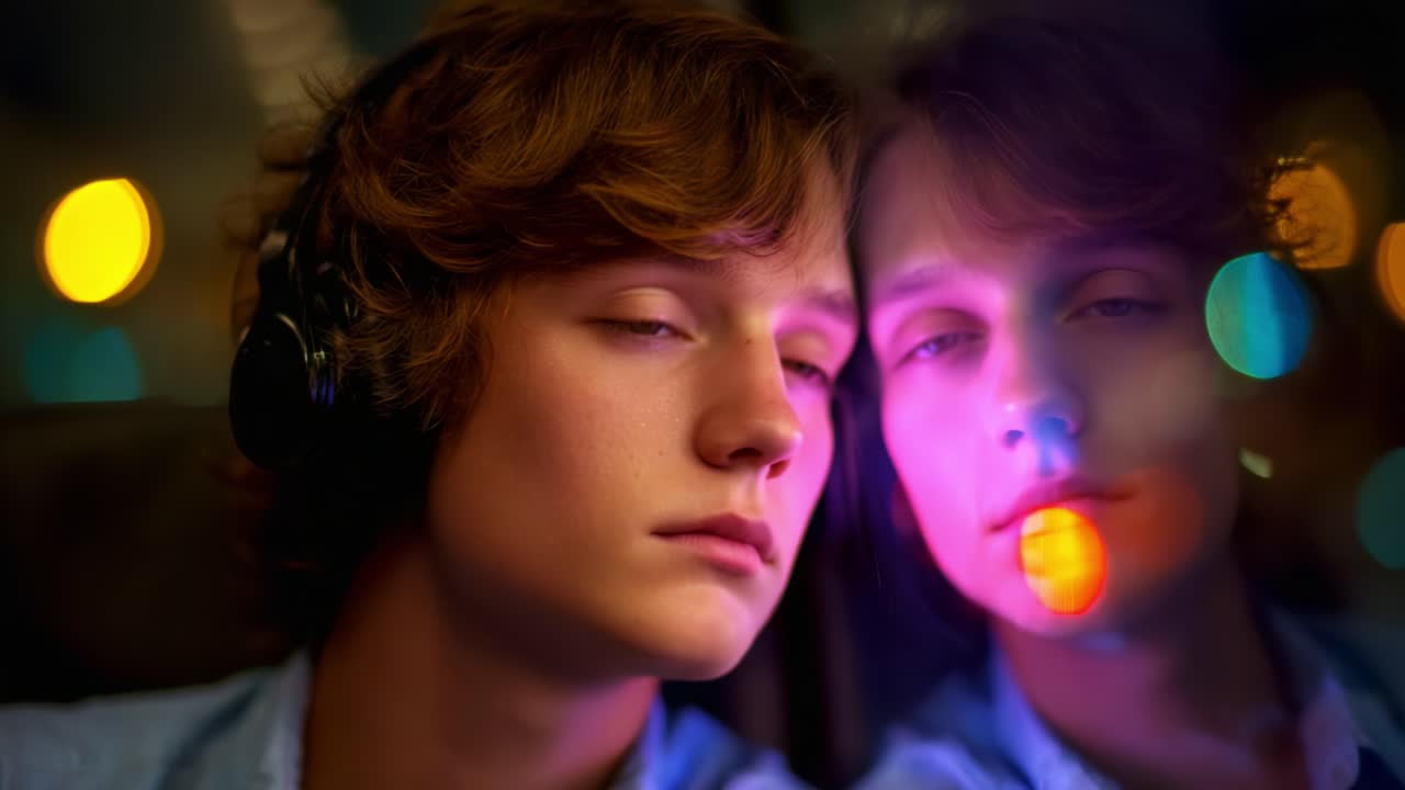 A Thoughtful Moment Captured: A Young Person Seated in a Tranquil Setting, Eyes Closed in Reflection, Listening Intently Through Headphones, Embracing the Mystery of Surrounding Lights and Colors