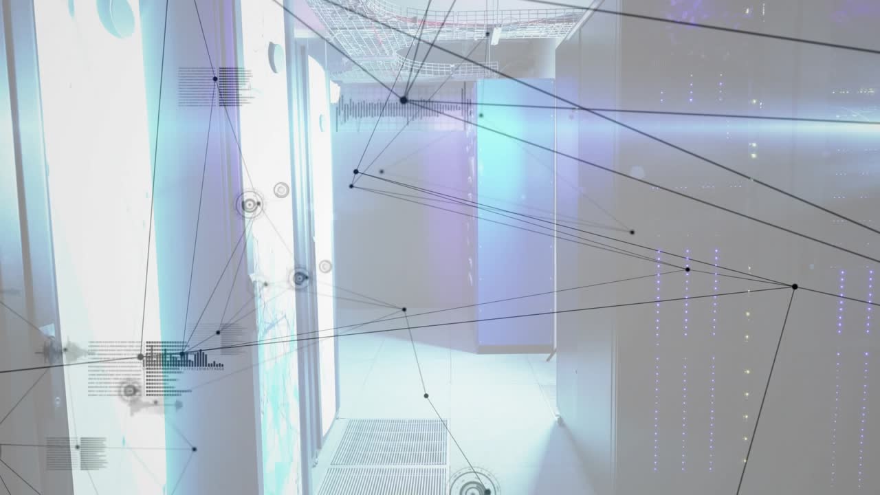 Camera moving forward starting network overlay animating across server racks visualizing data flow