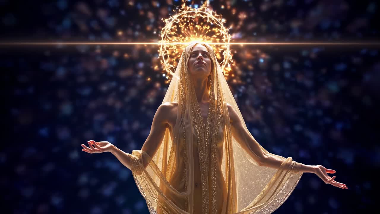 Woman in a white veil levitating and meditating with outstretched arms, surrounded by a mystical cosmic backdrop of glowing blue and purple lights